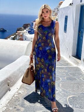Sleeveless Blue Peacock-Print Maxi Dress size M-L